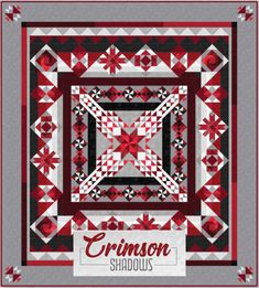 a red and black quilt with the words crimson shadows on it's front corner