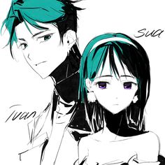 two anime characters with green hair and blue eyes