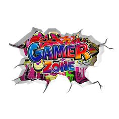 the word gamer zone is written in colorful graffiti on a white background through a torn wall