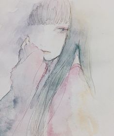 a watercolor drawing of a woman with long hair holding her hand to her face