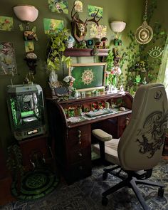 a chair sitting in front of a computer desk