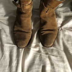 Suede Boots, Dark Tan In Color , Distressed Vintage Look Ankle Boots Ysl, Ysl Suede, Jodhpur Boots, Yves Saint Laurent Shoes, Saint Laurent Shoes, Dark Tan, Jodhpur, Suede Boots, Vintage Look