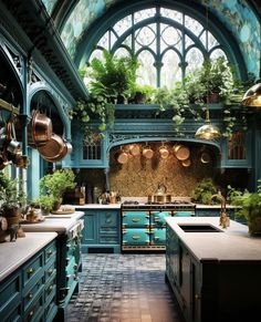 an old fashioned kitchen with blue cabinets and green plants on the windows sills