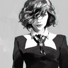 a black and white drawing of a woman with short hair, wearing a shirt and tie