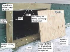 the parts of a window being installed on a house in the snow, labeled with instructions