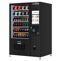 a vending machine with sodas and drinks on the front, sitting in front of a white background