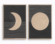 two framed art pieces with the moon and waves in black, white and beige colors