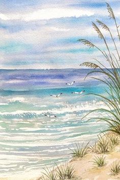 watercolor painting of beach scene with seagulls flying over the ocean and sand dunes