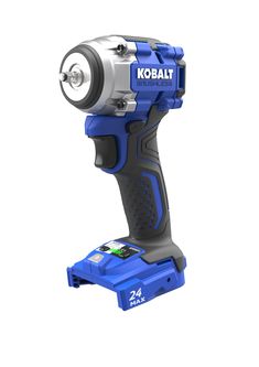 a blue and silver cordless drill with the word kobalt written on it