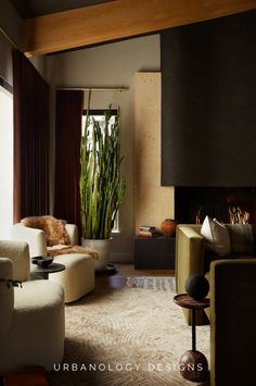 a living room filled with furniture and a fire place next to a tall plant in the corner