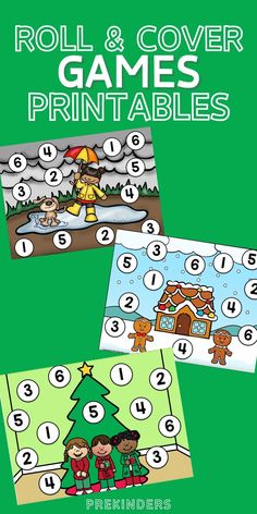 the roll and cover christmas games printables are shown in three different colors, with numbers