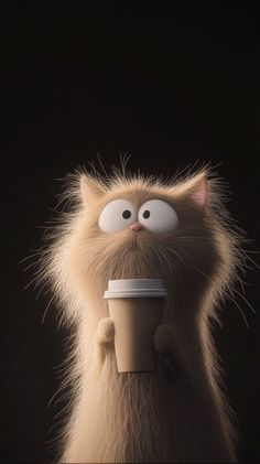 a cat with big eyes holding a coffee cup