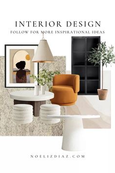 the interior design guide for modern living room and dining room with orange chairs, white table and