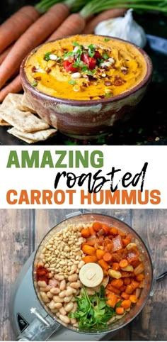 carrot hummus in a bowl with the words amazing roasted carrot hummus