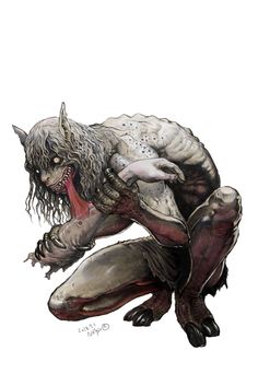 a drawing of a demon kneeling down with his hands on his knees and mouth open