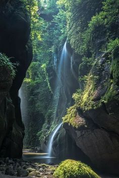 a waterfall in the middle of a forest with moss growing on it's sides