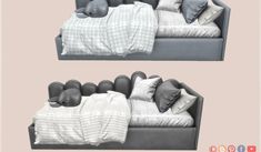 two pictures of a bed with pillows and blankets