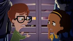 two cartoon characters talking to each other in front of an open door with purple shutters