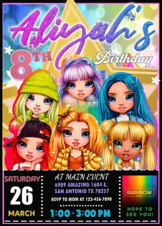 the birthday party flyer for all girls's 8th birthday, featuring four different dolls