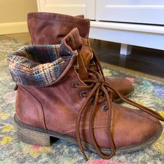 Perfect Condition. Never Worn. No Flaws. Cool Plaid Interior Detail. Can Be Worn Straight Up Or Folded Over. Size 6. Casual Brown Lace-up Moto Boots, Vintage Brown Vegetable-tanned Boots, Mudd Shoes, Brown Suede Lace-up Moto Boots, Brown Lace-up Moto Boots With Steel Toe, Brown Mid-calf Boots With Buckle Closure, Shoes Heels Boots, Brown Boots, Interior Details