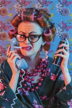 a painting of a woman wearing glasses and holding an old fashioned phone to her ear