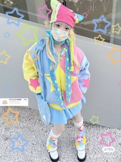 Pink Yellow And Blue Outfit, Pastel Decora Kei, Fairykei Outfit, Decora Kei Outfits, Outfit Inspo Korean, Blue And Yellow Outfit, Japanese Street Fashion Harajuku, Harajuku Art