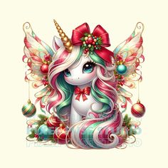 a cute unicorn with christmas decorations on it's head and wings, sitting in front of