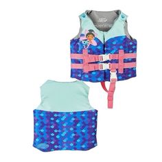 a child's life jacket and vest with an image of a mermaid on it