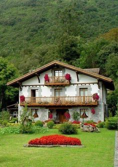 a house with flowers in the front yard