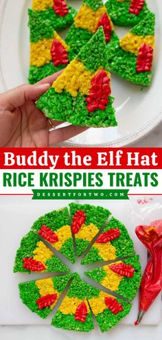 "If your favorite Christmas movie is Elf, then I have the cutest dessert for you! These Buddy the Elf Hat Rice Krispies Treats are so fun and easy to make. Just press the layers of cereal treats in a round cake pan, slice into triangles and serve. The red buttercream feather is optional, but it is so simple with a leaf tip!

" Elf Hat Holiday Treats, Buddy Elf Cookies, Buddy The Elf Snacks, Elf Movie Desserts, Elf Inspired Food, Elf Movie Themed Snacks, Elf Movie Snacks, Elf Snacks For Kids, Buddy The Elf Party Food