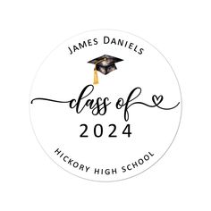 a round sticker with the words class of 202 and graduation cap in black ink