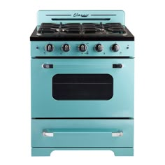 a blue stove with two burners and one oven door is on a white background