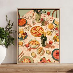 a table topped with lots of food next to a potted plant