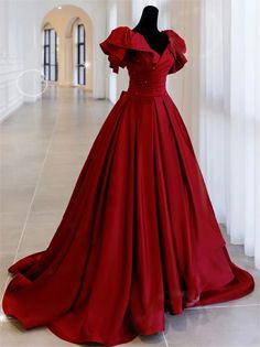 Simple Burgundy Satin Long Prom Dress Burgundy Long Burgundy Wedding Dresses, Burgundy Wedding Dress, Women Formal Dresses, Satin Long Prom Dress, Formal Dress Wedding, Ruffles Sleeves, Prom Dress Burgundy, Formal Women, Red Floor