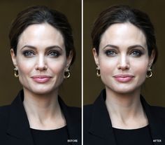 the before and after photos of a woman's face are shown in this composite image