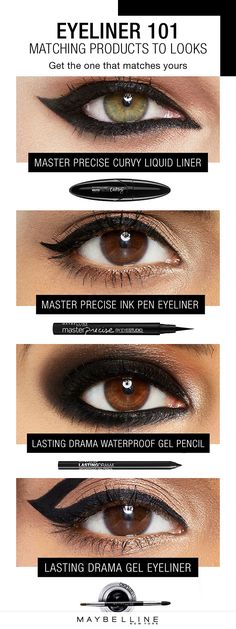 This is the ultimate eyeliner beauty guide for makeup beginners. This eyeliner 101 matches the liner products you need to get your desired liner look, whether is be a smokey eye or natural cat eye. Click through for more inspiration from Maybelline. Cat Eye Makeup Tutorial Step By Step Winged Liner, Cat Eye For Hooded Eyes Winged Liner, Perfect Winged Eyeliner Hacks, Cat Eye Hacks Winged Liner, Diy Cat Eye Stencil Winged Liner, Makeup Beginners, Looks Pinterest, Eyeliner Pen, No Eyeliner Makeup