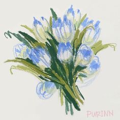 a painting of blue and white flowers on a white background