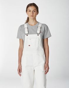 Overalls Outfit Dickies, Dickies Jumpsuit Women White, White Overalls With Pockets For Workwear, Dickies Overalls Outfit, Dickies White Overalls, Retro Medium Wash Bib Front Overalls, White Overalls Outfit, Denim Jumpsuit Outfit