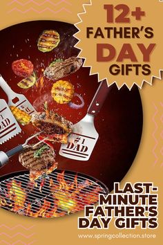 an advertisement for father's day gifts featuring hamburgers and grilling utensils