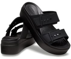 Women's Crocs Brooklyn Sandal Low Wedge - Crocs Crocs Brooklyn, Flexible Shoes, Comfortable Wedges, Women's Crocs, Low Wedges, Buckle Sandals, Black Wedges, Womens Wedges, Comfortable Sandals