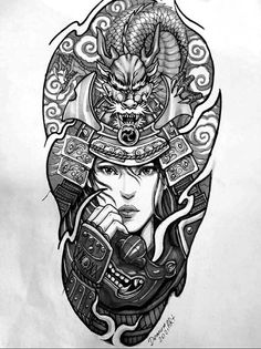 Geisha Warrior Tattoo Design, Warrior Tattoo Female, Geisha Warrior Tattoo, Female Samurai Tattoo, Geisha Warrior, Warrior Tattoo Design, Tato Geisha, Japanese Geisha Tattoo, Japanese Warrior Tattoo