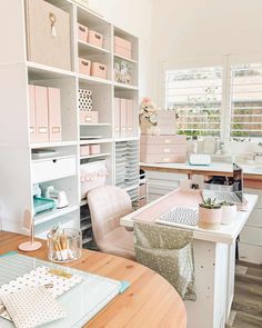 a room with lots of shelves and desks filled with crafting supplies on top of it