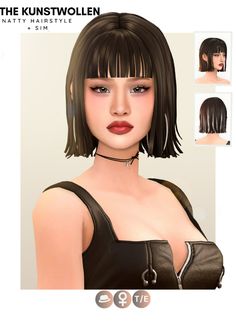 an animated image of a woman with short hair and brown eyes, wearing a black top