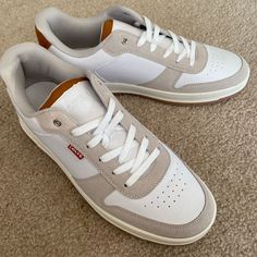 Nwot, Men’s Stylish Levi’s Tennis Shoes Sz 12, Never Worn Levi's Synthetic Low-top Sneakers, Levi's Leather Low-top Sneakers, Levi's White Low-top Sneakers, Levi's Lace-up Sneakers With Branded Insole, Levi Shoes, Levis Shoes, White Levis, Levis Men, Shoes For Men