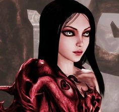 a woman with black hair and blue eyes is standing in front of an evil demon