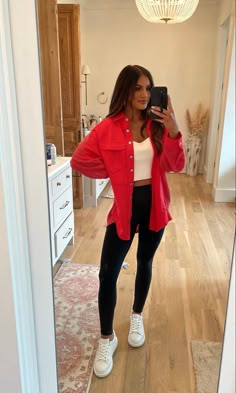 Gameday Casual Outfit, Cute Hangout Outfits Casual, Leggings Outfits Spring, Saturday Errands Outfit Spring, Lazy Day Outfits For Work, Red Flare Leggings Outfit, Coaches Wife Outfit, Indoor Mini Golf Date Outfit, Work Lunch Outfit