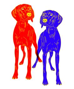 two dogs are standing side by side in red and blue colors on a white background