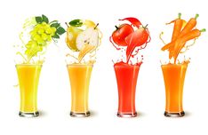 three glasses filled with different types of fruit and vegetables in juice splashing out of them