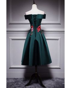 Get 10% off now! Buy dark green off shoulder tea length party dress with flowers at cheap price online. Free stable shipping and pro custom service since 2009. Green Tea Length Party Dress, Green Prom Dresses Short, Dark Green Prom Dresses, Green Prom Dresses, Delicate Gown, Short Bridesmaid Dress, Short Green Dress, Dress With Flowers, Green Prom