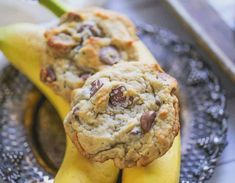 banana and milk chocolate chip cookies are on top of each other with the words, perfect banana & milk chocolate chip cookies